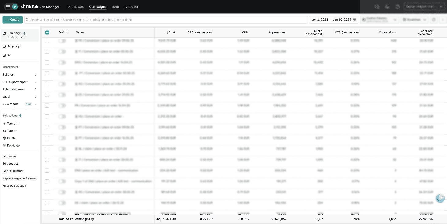 TikTok Ads Manager multi-market campaign data